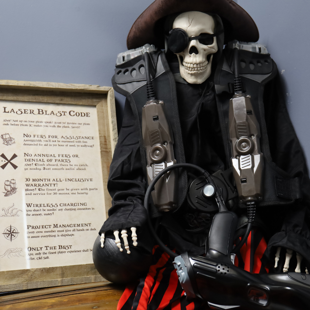 Plastic Skeleton dressed as a pirate and wearing LaserBlast laser tag equipment.